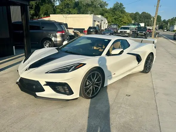 White Corvette front view at Average Joe's Auto Sales
